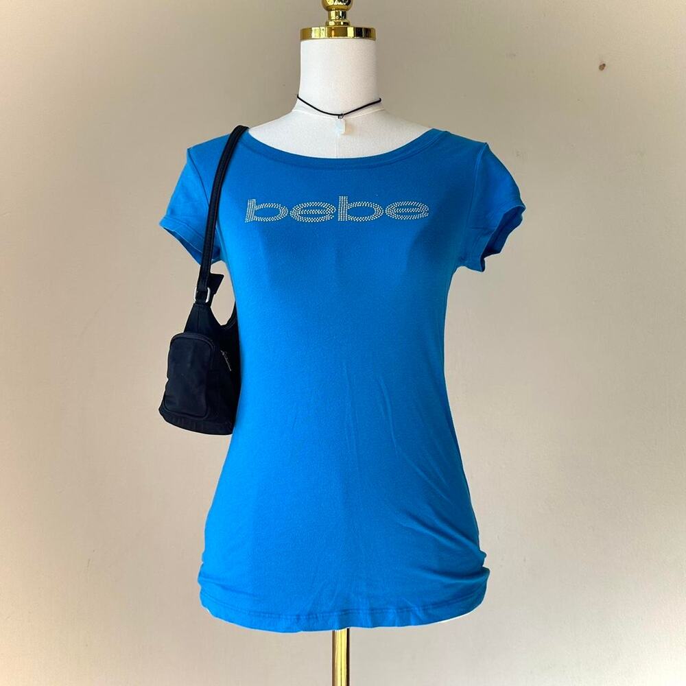 Vintage Y2K Bebe Top Bright Blue Mcbling Short Sleeve Crewneck Fitted - Medium